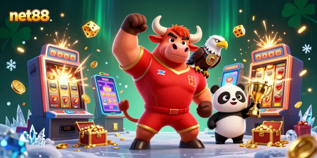 Experience the thrill of net88 with a vibrant 3D illustration showcasing a winning casino atmosphere, featuring a trophy, bull mascot, and slot machine.