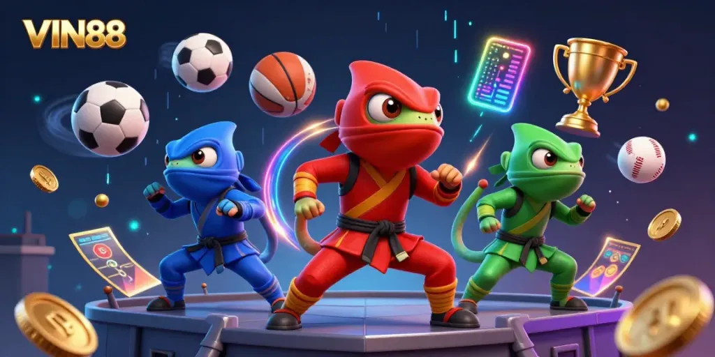Bet on the excitement with VIN88, featuring chameleons in action with sports elements.