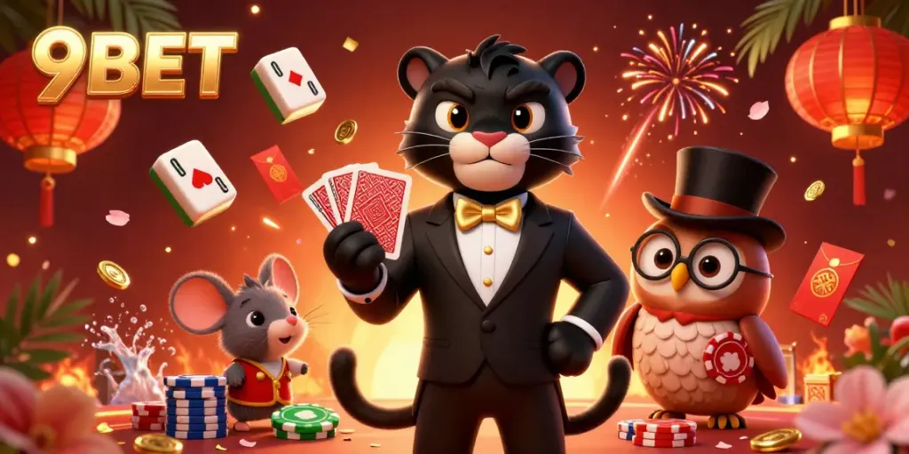 Engage with 9BET's thrilling casino atmosphere featuring a stylish panther dealer, lucky owl, and mystical mouse.