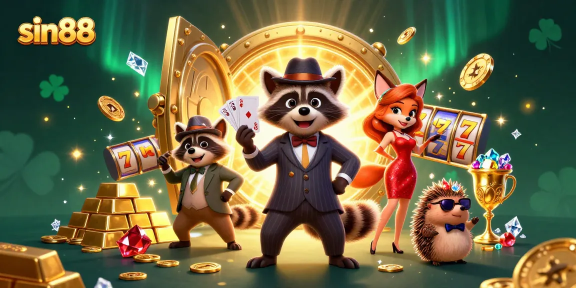 Experience thrilling gameplay at sin88 with a raccoon, fox, and hedgehog in a vibrant casino scene.