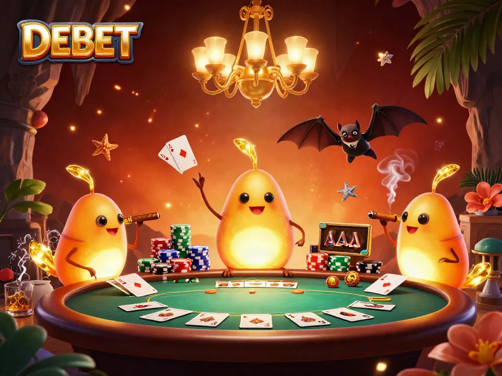 Experience the vibrant DEBET casino atmosphere lit by glowworms and a bat dealer, showcasing excitement.