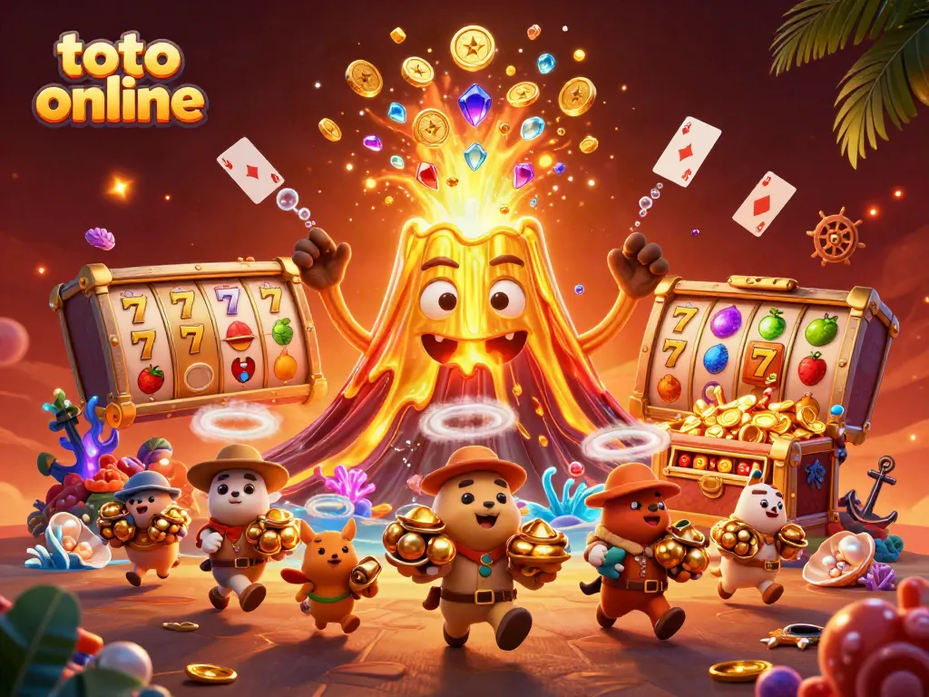Experience excitement with toto online jackpot slots featuring a volcanic treasure scene in 3D illustration.