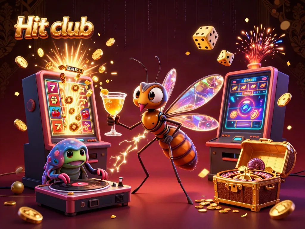 Experience the thrill of Hit club with a vibrant casino-themed illustration featuring 3D characters and gaming elements.