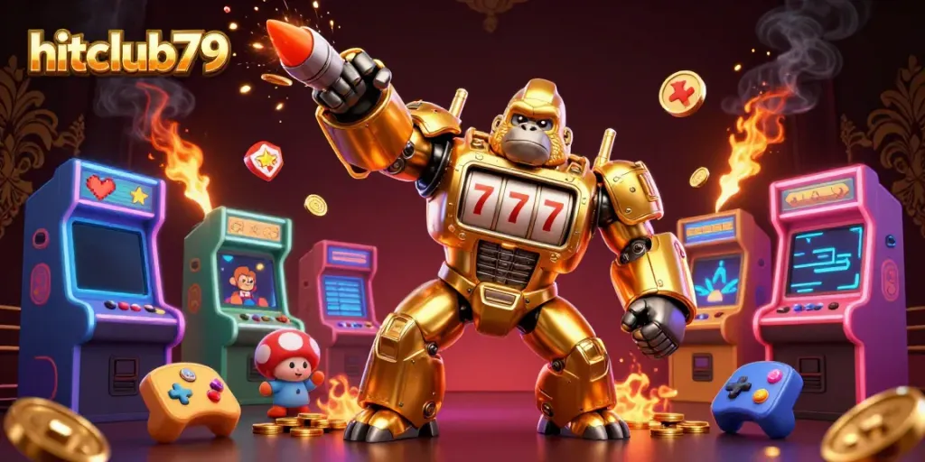 Engage with the stunning hitclub79 gaming scene showcasing a golden gorilla mech surrounded by vibrant arcade elements.