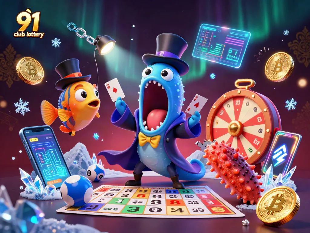 Engage with the thrilling 91 club lottery featuring numbered balls and a dynamic magic scene.