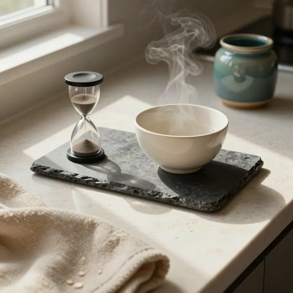 Overhead wellness kit with steam, sand timer, blanket and ceramic jar on travertine.