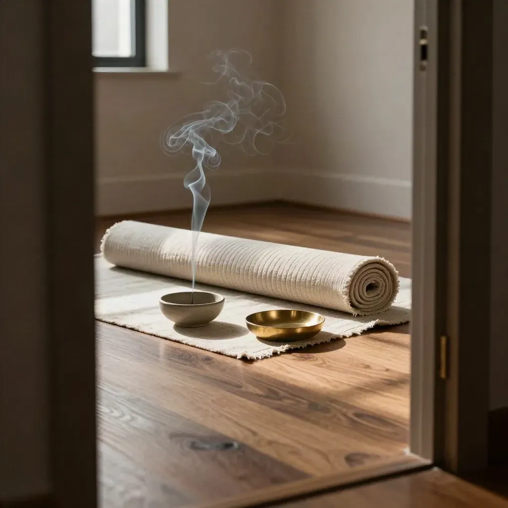 Breathwork nook with linen mat, cushion, ceramic bowl and incense smoke