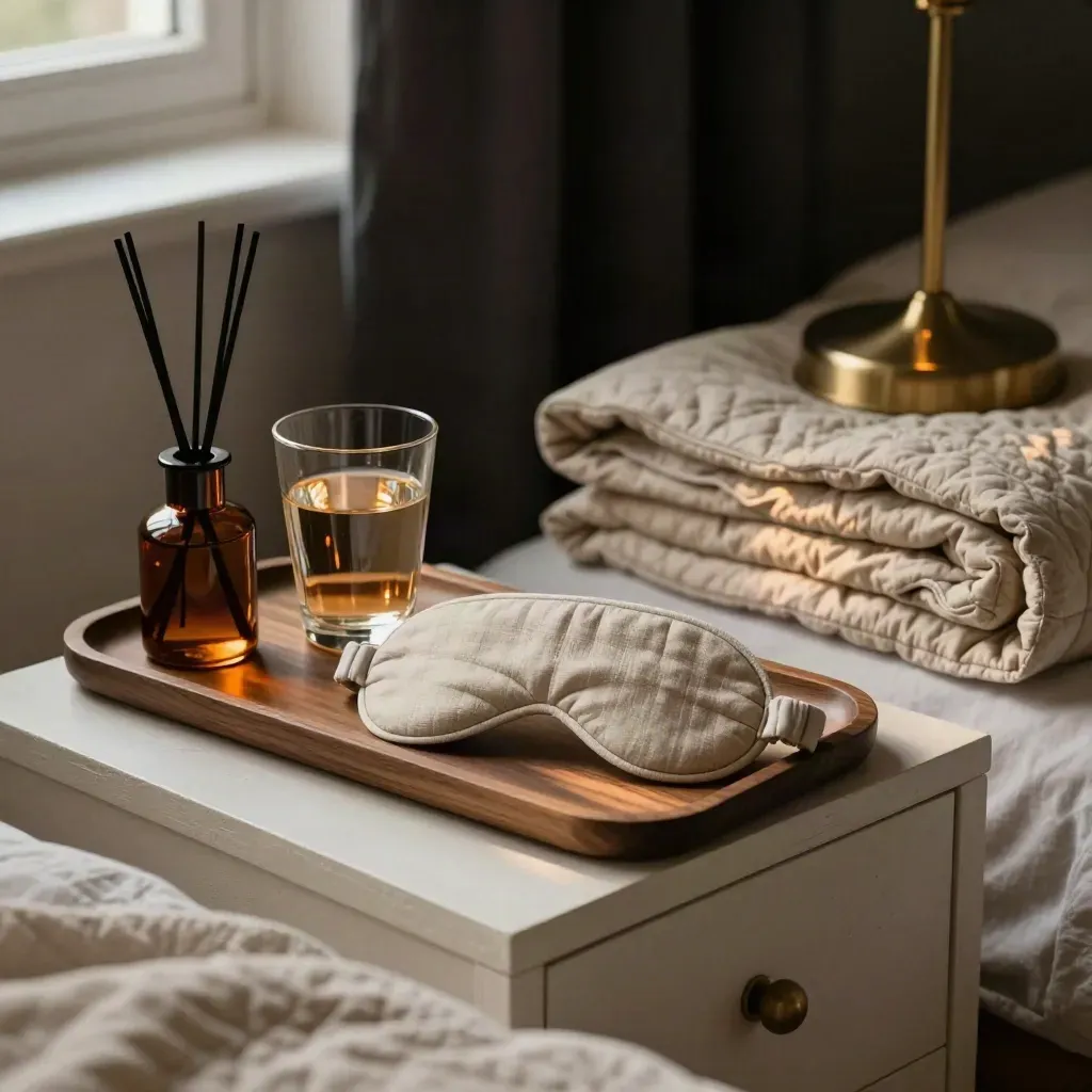 Bedside sleep-reset setup with eye mask, amber diffuser, water glass and quilt in warm evening light.
