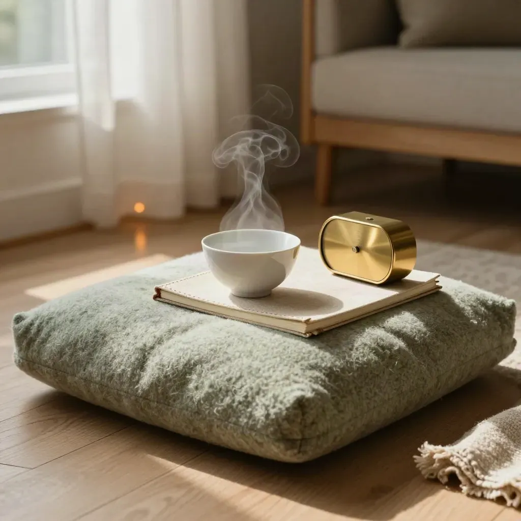 Cozy wellness corner with cushion, tea bowl, linen notebook, timer and throw by a window.
