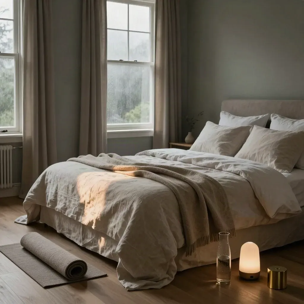 Morning-lit wellness bedroom with linen bed, diffuser, carafe, timer and breath mat