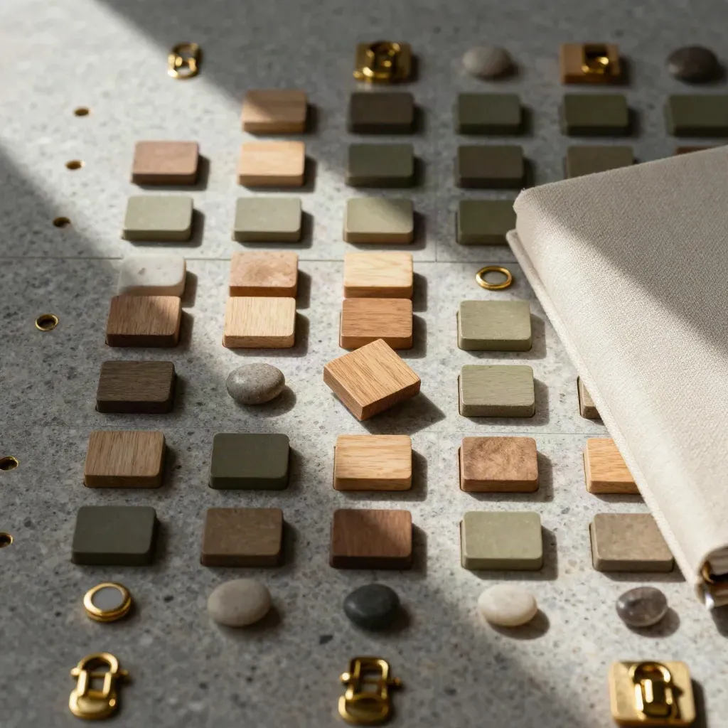 Top-down habit-tracking grid with wooden tokens, brass clips, pebble markers and a closed linen notebook on stone.