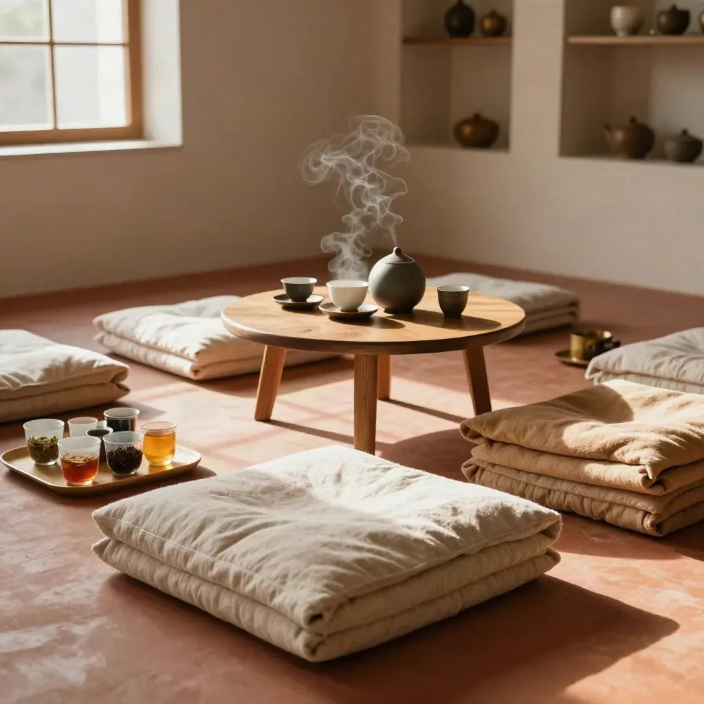 Warm workshop room with cushions, tea service, diffuser and blankets waiting for attendees