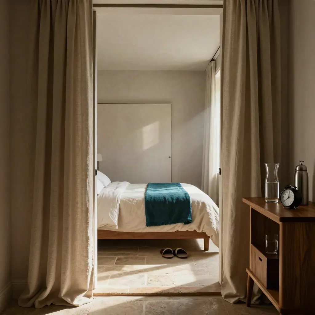 Sunlit bedroom with open curtains, made bed, aligned slippers, carafe, thermos and face-down alarm clock.