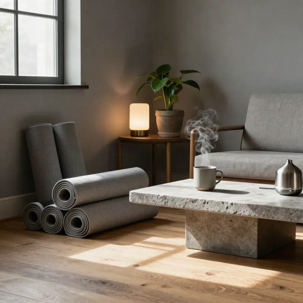 Quiet office recovery nook with mats, tea tray, diffuser, plant and warm window light.