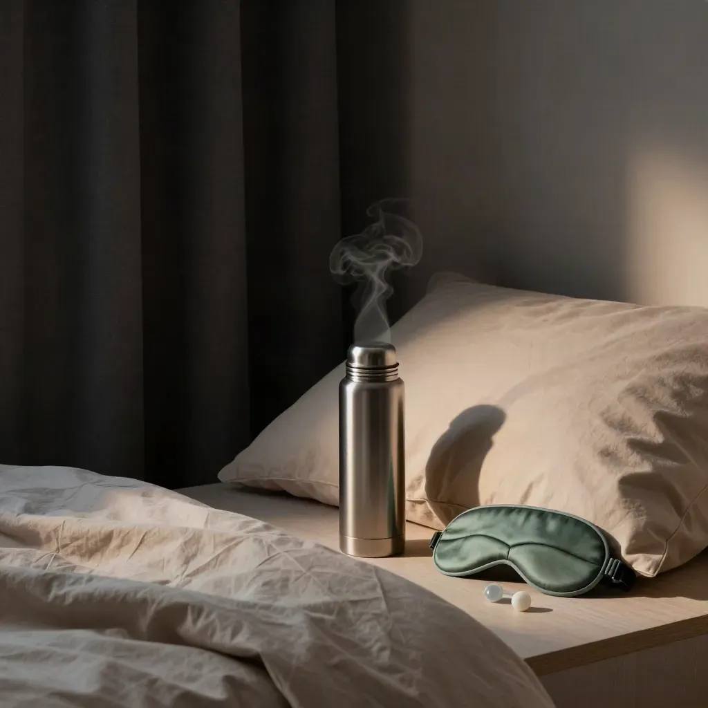 Sleep-ready night-shift corner with blanket, thermos, mask, earplugs and blackout curtain