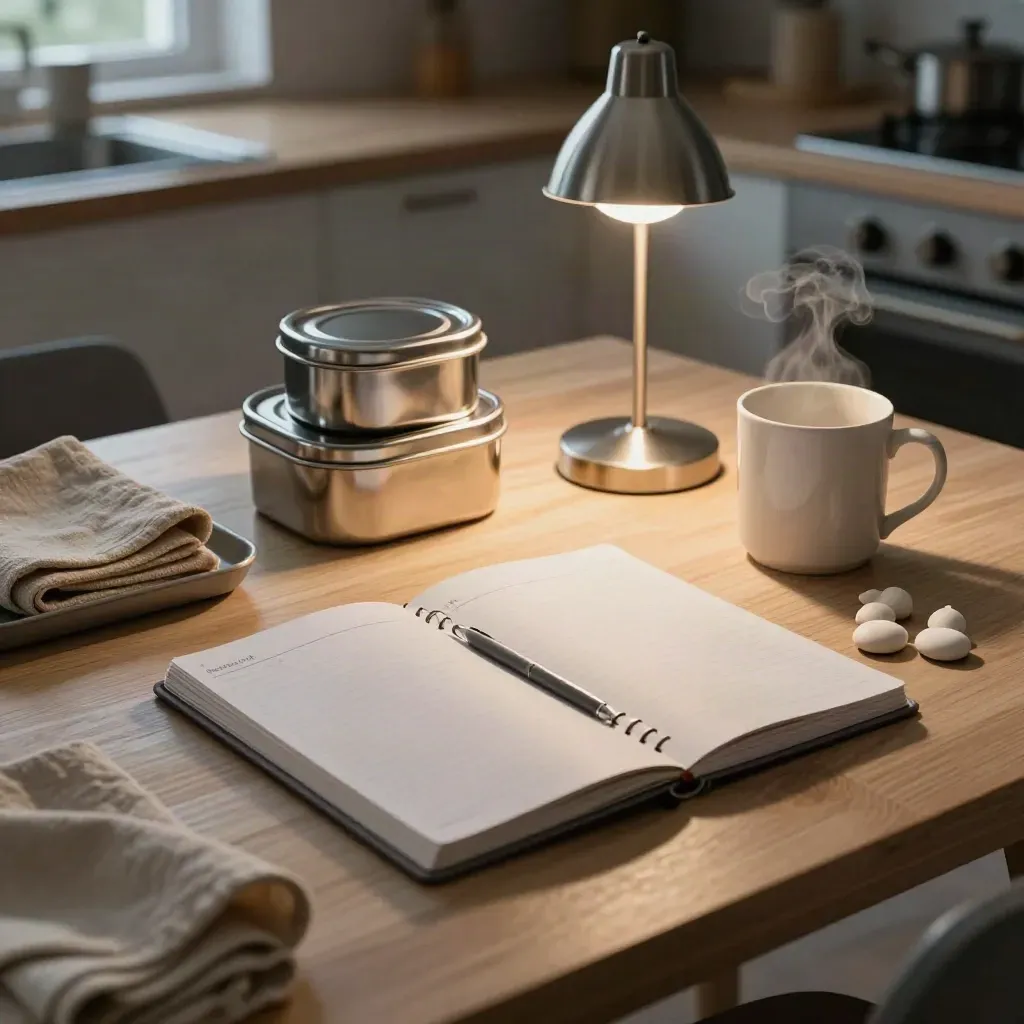 Kitchen table set with planner, lunch tins, mug and habit tokens under a warm lamp.