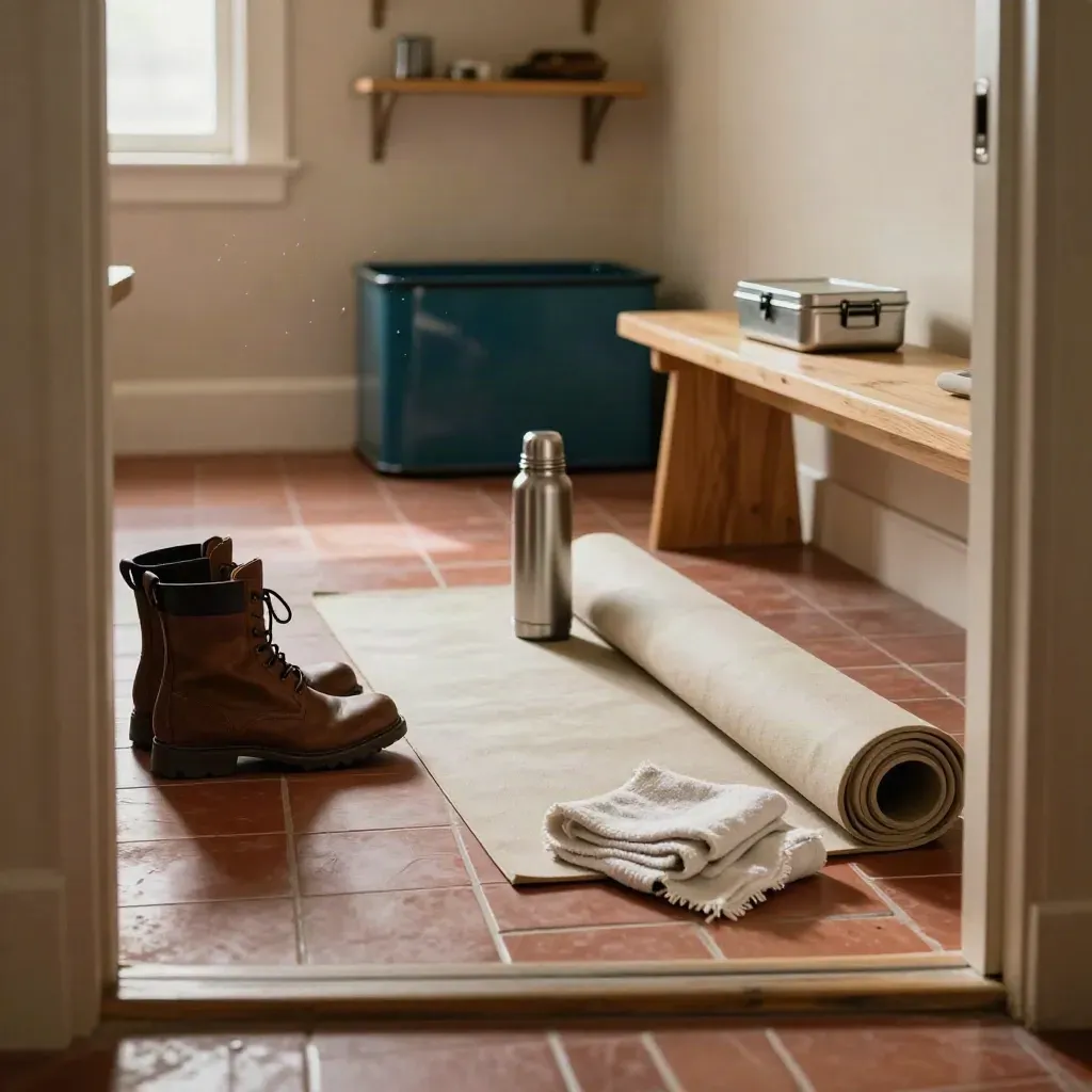 Utility room recovery setup with boots, mat, thermos, towel and lunchbox in warm window light.