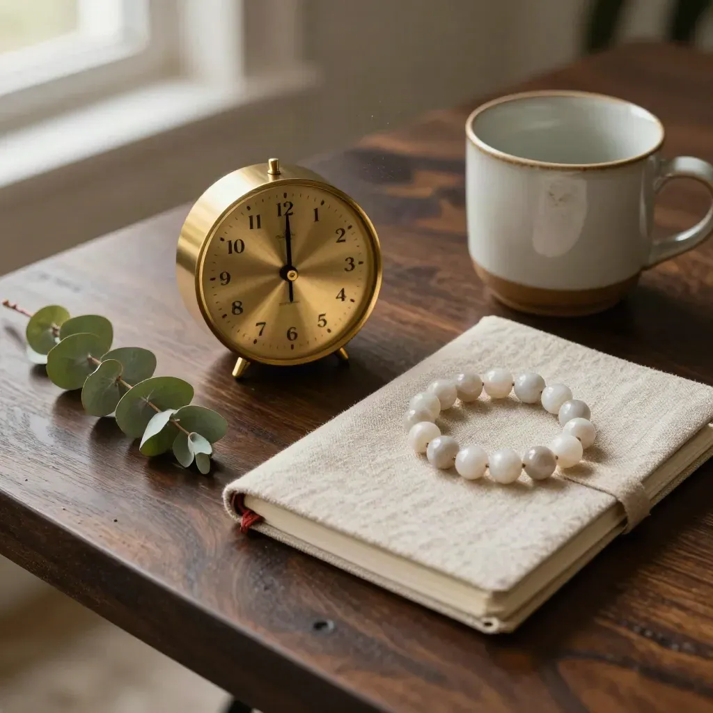 Brass timer, linen notebook, worry beads, mug and eucalyptus on dark oak in soft macro light