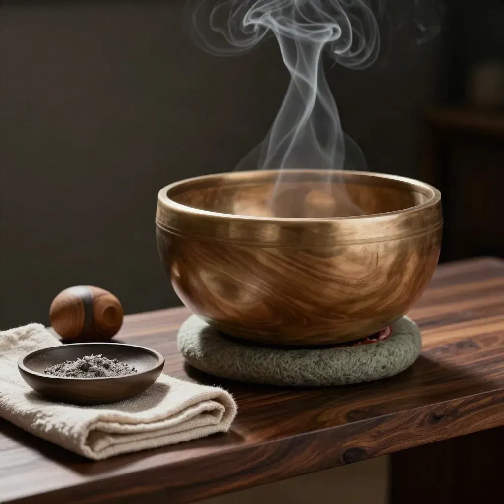 Singing bowl, breathing stone, incense ash, and linen on a dark shelf with smoke and dramatic light