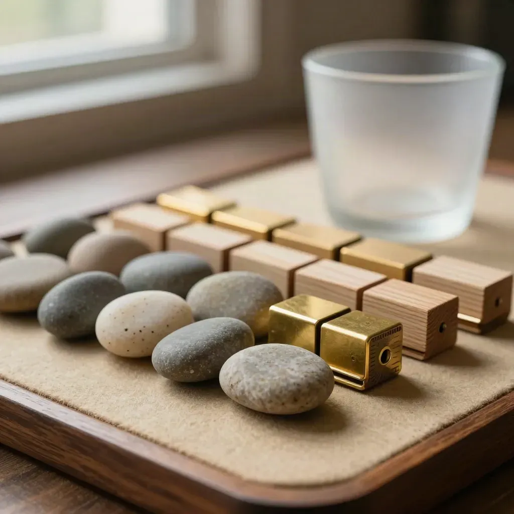 Brass clips, pebble tokens, frosted glass cup and wooden tabs in a close-up grid.