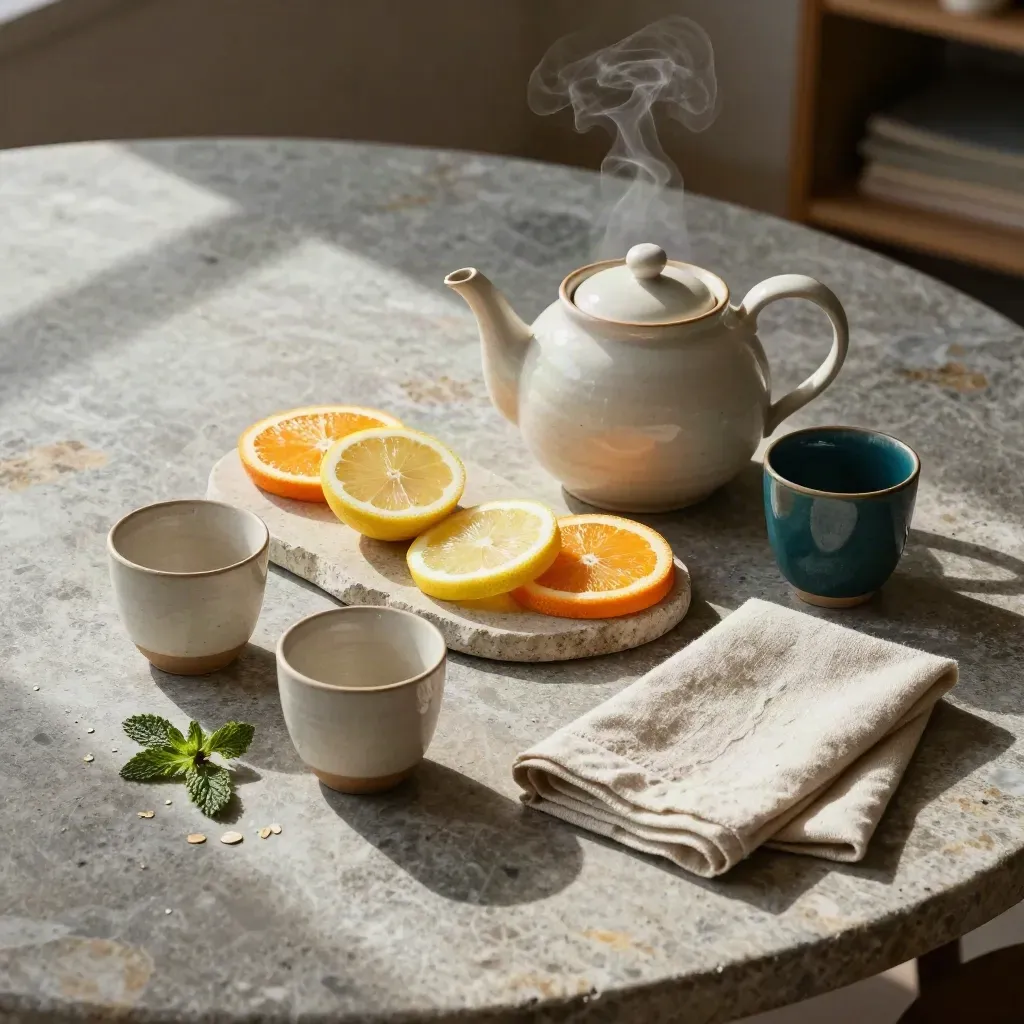 Overhead tea refreshment setup with ceramic teapot, citrus slices, mint, cups and linen on stone