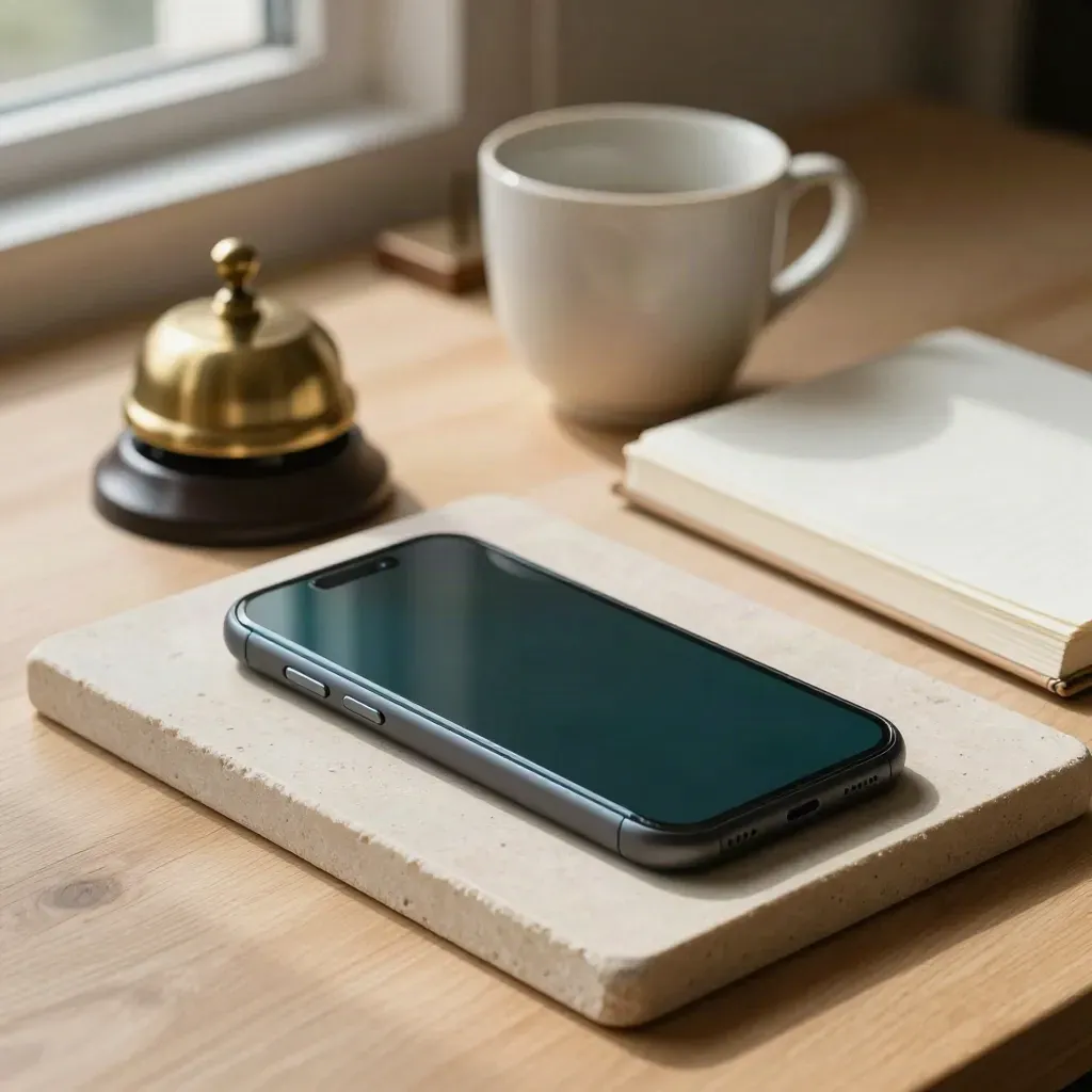 Face-down phone on a stone tray beside a brass bell, cup and closed notebook, softly lit on pale wood.