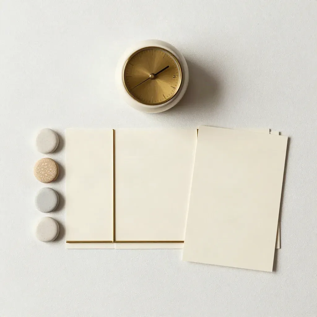 Top-down planning still life with ceramic timer, cream cards, brass bars and pale ceramic tokens.