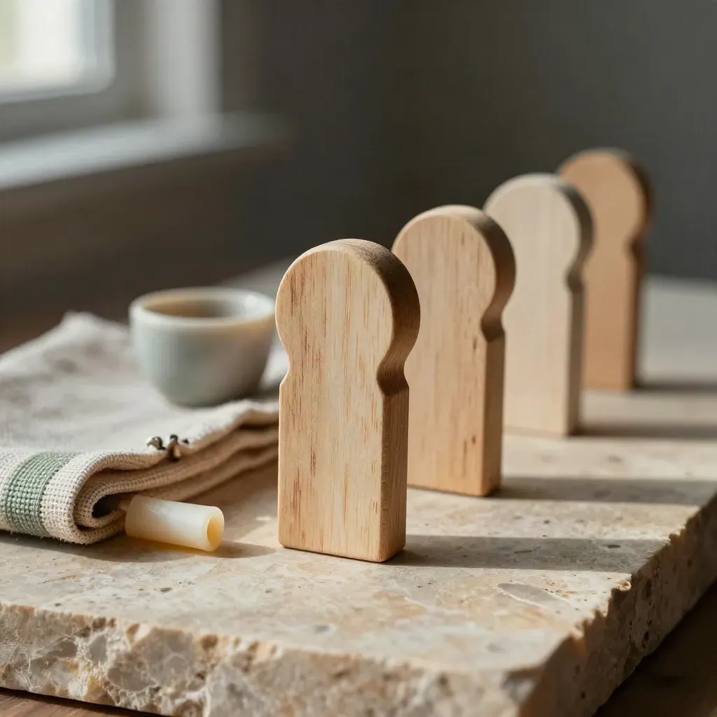 Macro still life of wooden habit markers, linen strap, candle stub and cup on limestone.