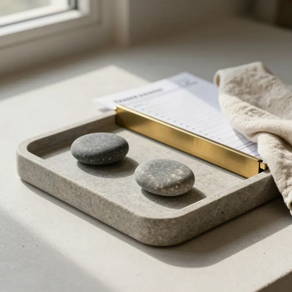 Stone tray with brass divider, pebble markers and a blurred checklist card on linen