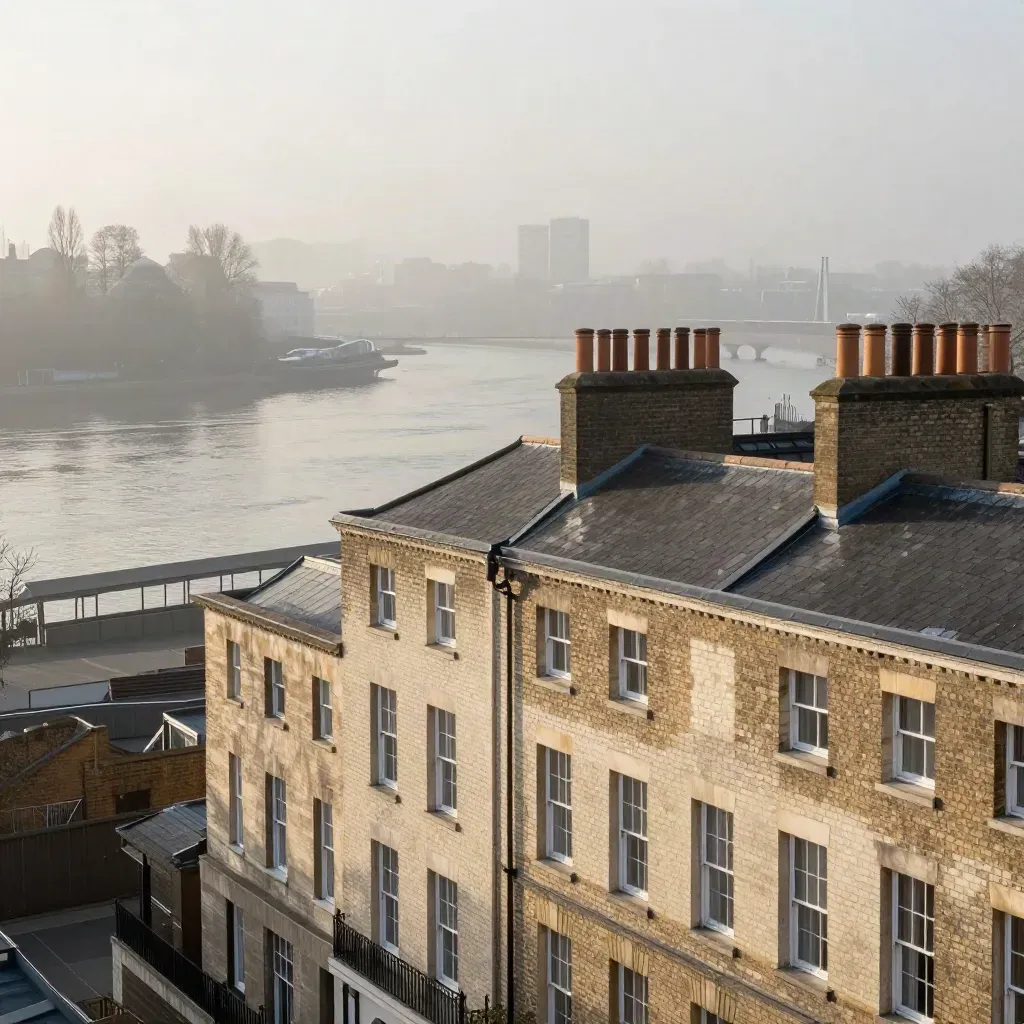 Hazy dawn London terraces and river mist with open space below for headline copy.
