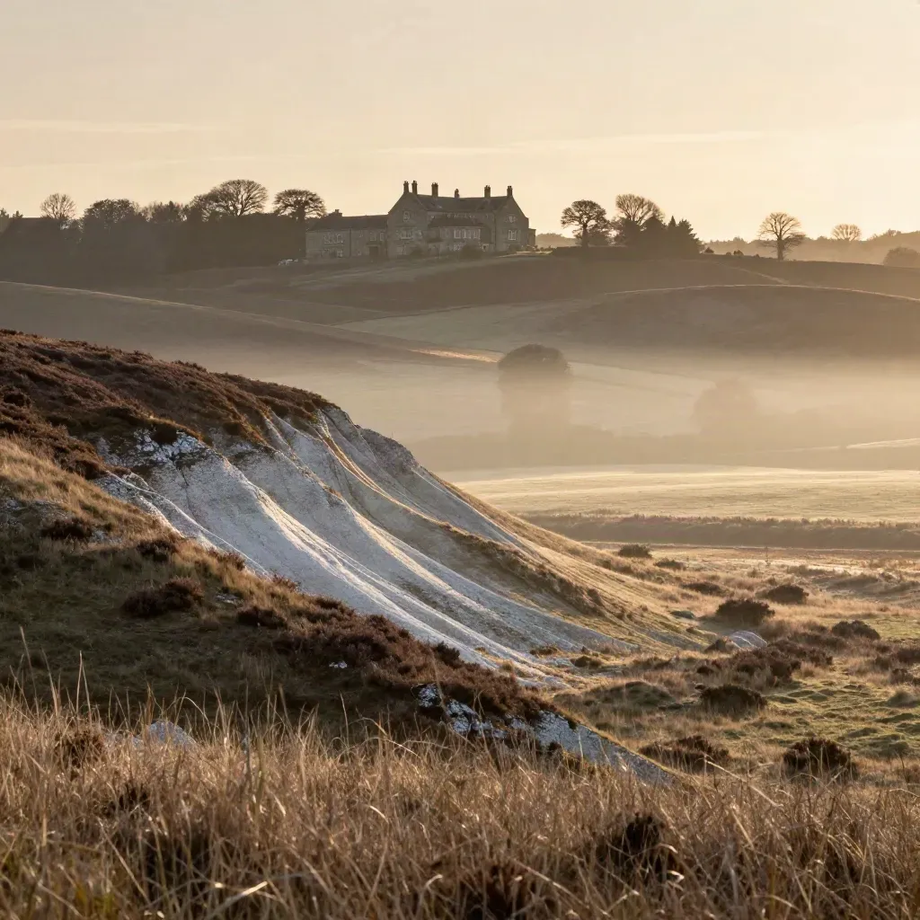 Golden-hour Surrey downs with distant manor roofline and wide calm chalk slope