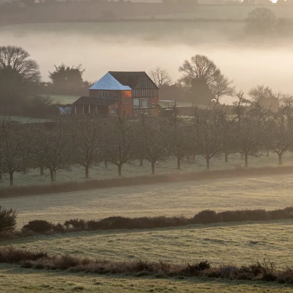 Misty Kent orchard slope with an oast house above soft tree rows at dawn