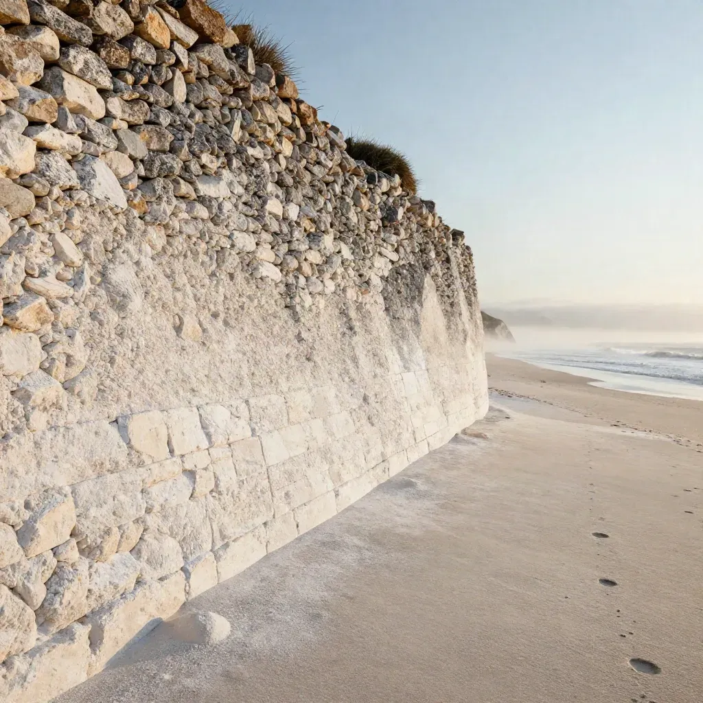 Weathered Sussex flint wall by a chalk path with distant coastline in sea haze.