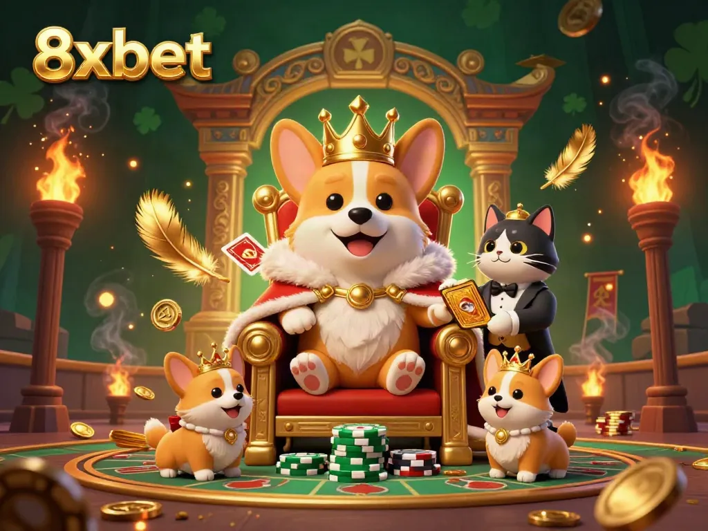 Experience gaming royalty with the 8xbet-themed corgi illustration amidst vibrant casino elements.