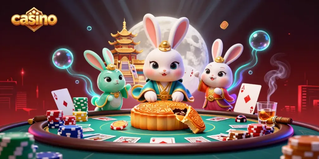 Experience immersive casino action with a whimsical lunar scene featuring poker elements and folklore characters.