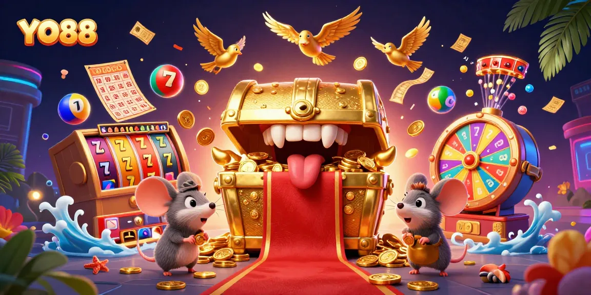 Experience YO88's thrilling adventure with a treasure chest and vibrant game elements!