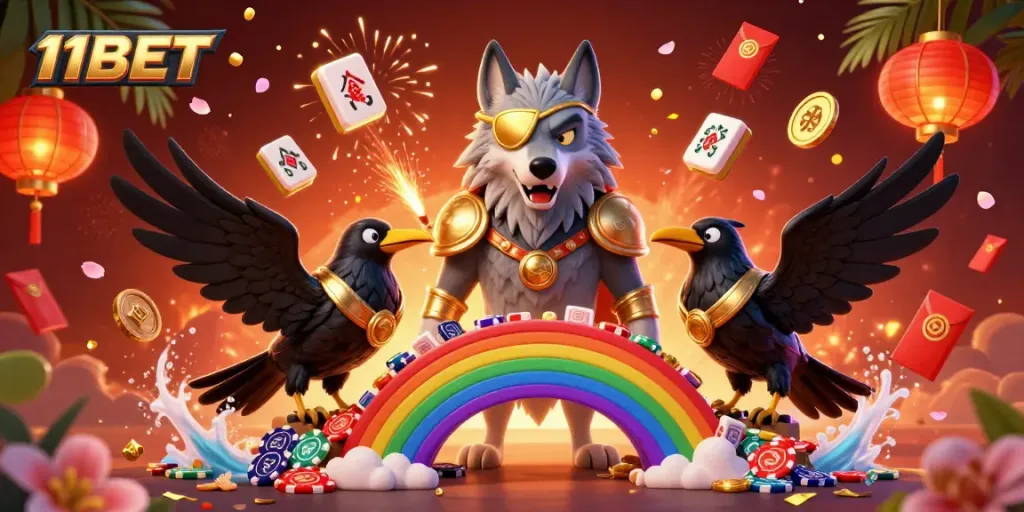 Experience thrilling gambling adventures with 11BET in a vibrant casino scene featuring dynamic characters and rich gaming elements.