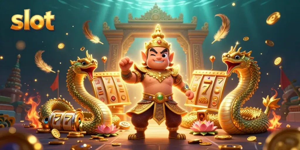 Engage in thrilling slot game action with vibrant characters and dynamic casino elements.
