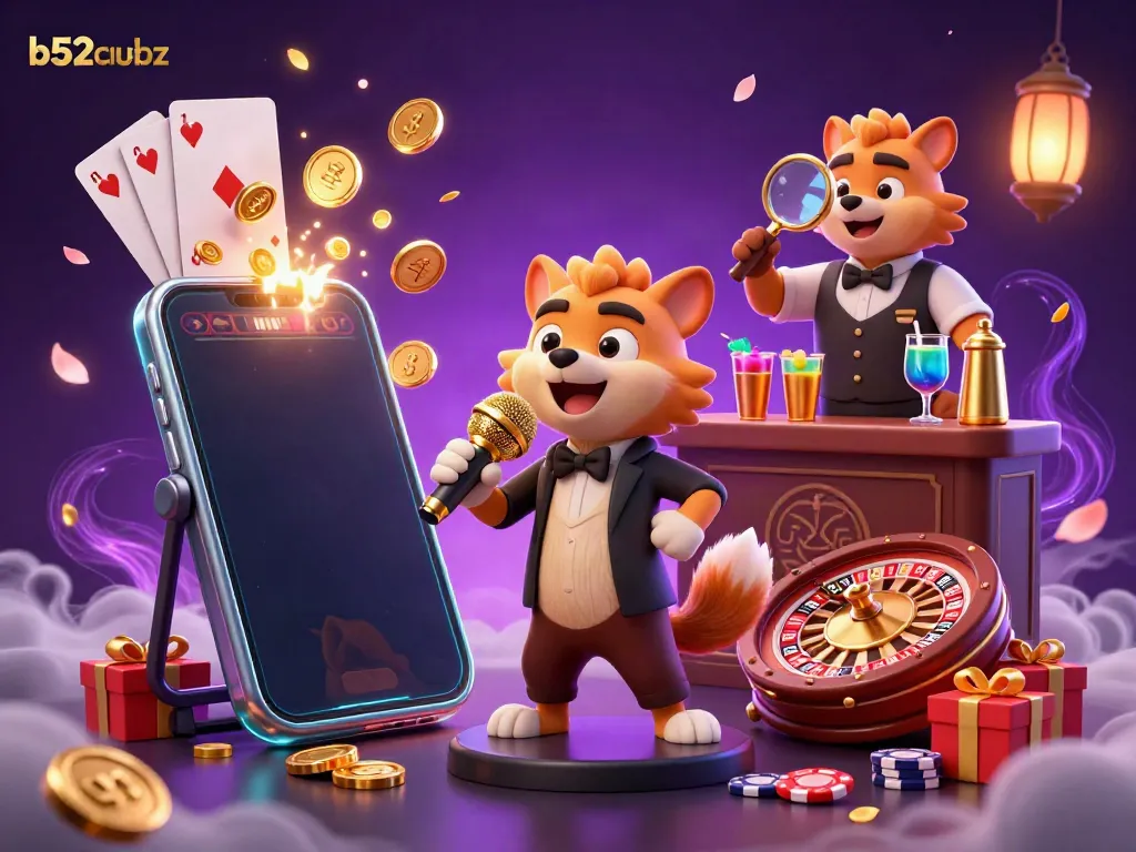 Engage with b52clubz in this vibrant comedy casino scene featuring hyenas as entertainers, reinforced by slots and gaming elements.