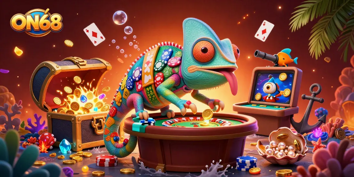 Experience ON68's vibrant casino world with a chameleon owner capturing golden winnings!