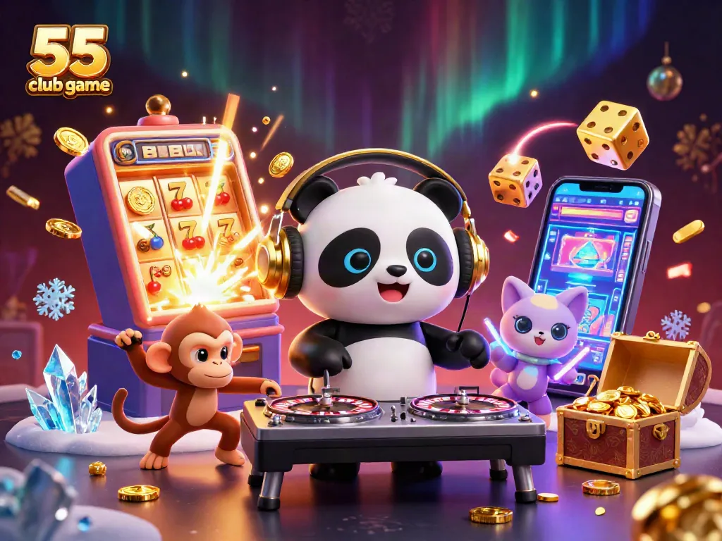 Engage in exciting gameplay at 55 club game with a vibrant illustration of a DJ panda and festive atmosphere.