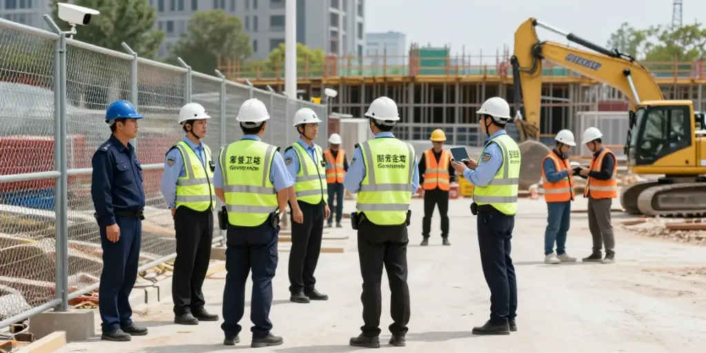 Construction Site Security professionals monitoring a secure building project, ensuring safety and community trust.