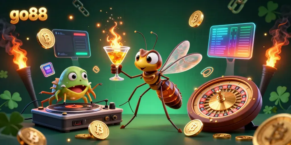 Engage with go88's thrilling gaming experience featuring casino characters and vibrant crypto elements.