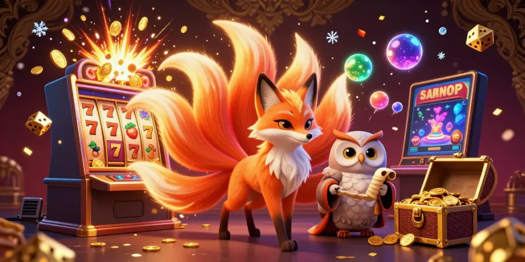 Experience the vibrant world of Non gamstop casinos UK with a colorful fox spirit and jackpot excitement.