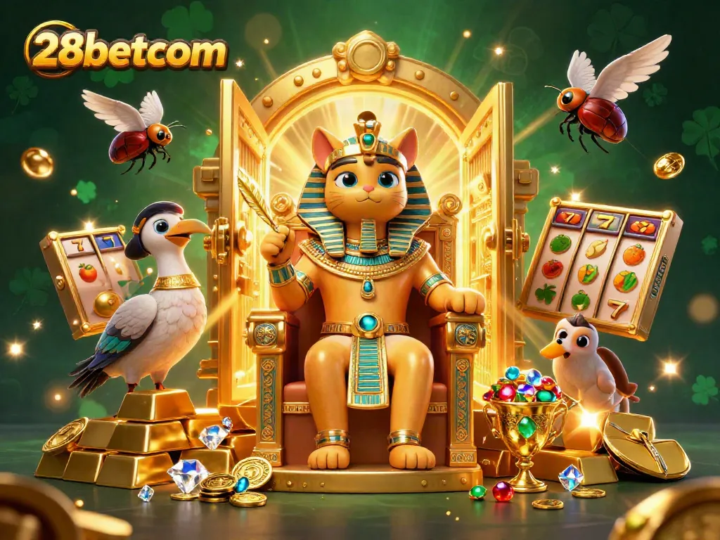 Join the excitement at 28betcom with an Egyptian-themed casino scene featuring gold treasures and slot reels.