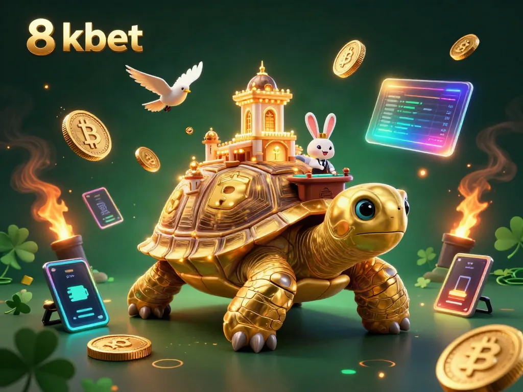 Experience thrilling excitement at 8xbet, featuring a lively tortoise casino with a rabbit dealer amidst flying golden coins.