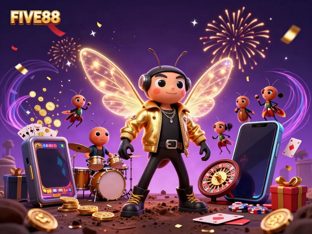 Engage with the vibrant casino scene featuring FIVE88's animated characters and dynamic gaming elements.