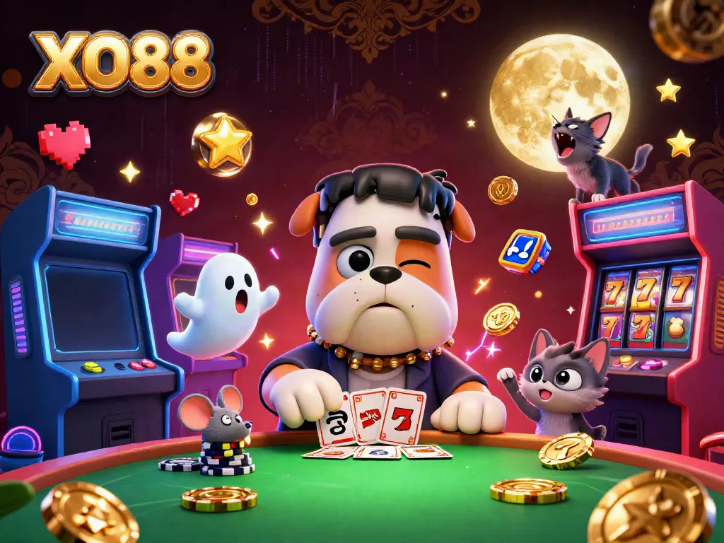 Engage with exciting online gaming scenes at XO88, featuring a lively 3D illustration.