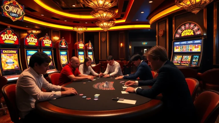 OKWIN casino scene showcasing high-stakes poker, slot machines, and roulette excitement.