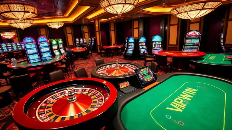 Experience an exciting poker game at VIPWIN with vibrant slot machines and a roulette wheel.